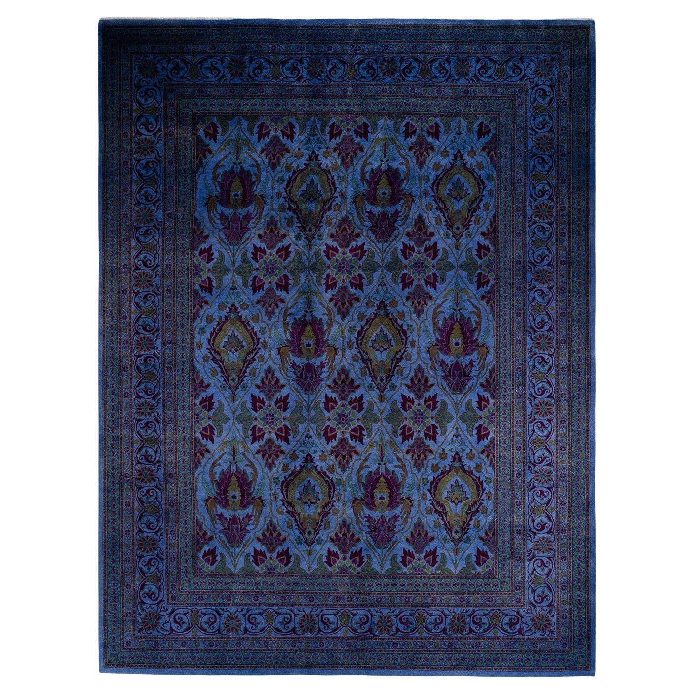 One of a Kind Hand Knotted Contemporary Overdyed Blue Area Rug