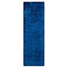 One of a Kind Hand Knotted Contemporary Overdyed Blue Runner
