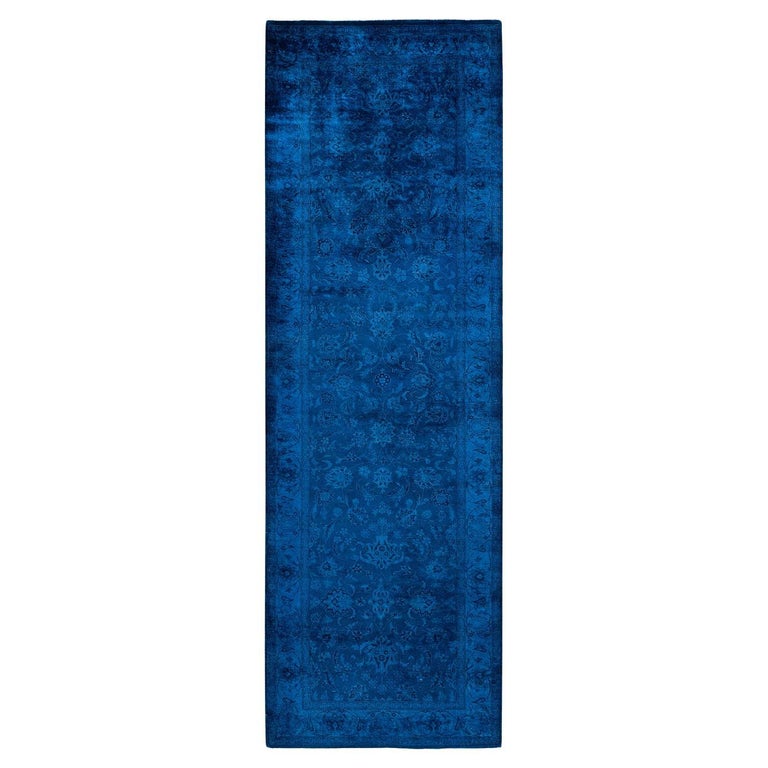 One of a Kind Hand Knotted Contemporary Overdyed Blue Runner For Sale ...