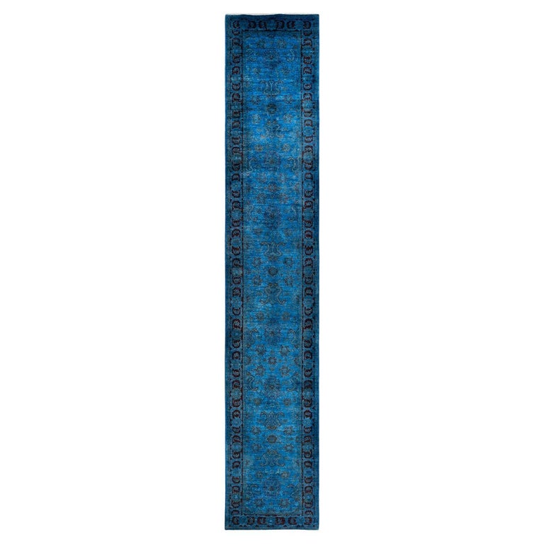 One of a Kind Hand Knotted Contemporary Overdyed Blue Runner For Sale ...