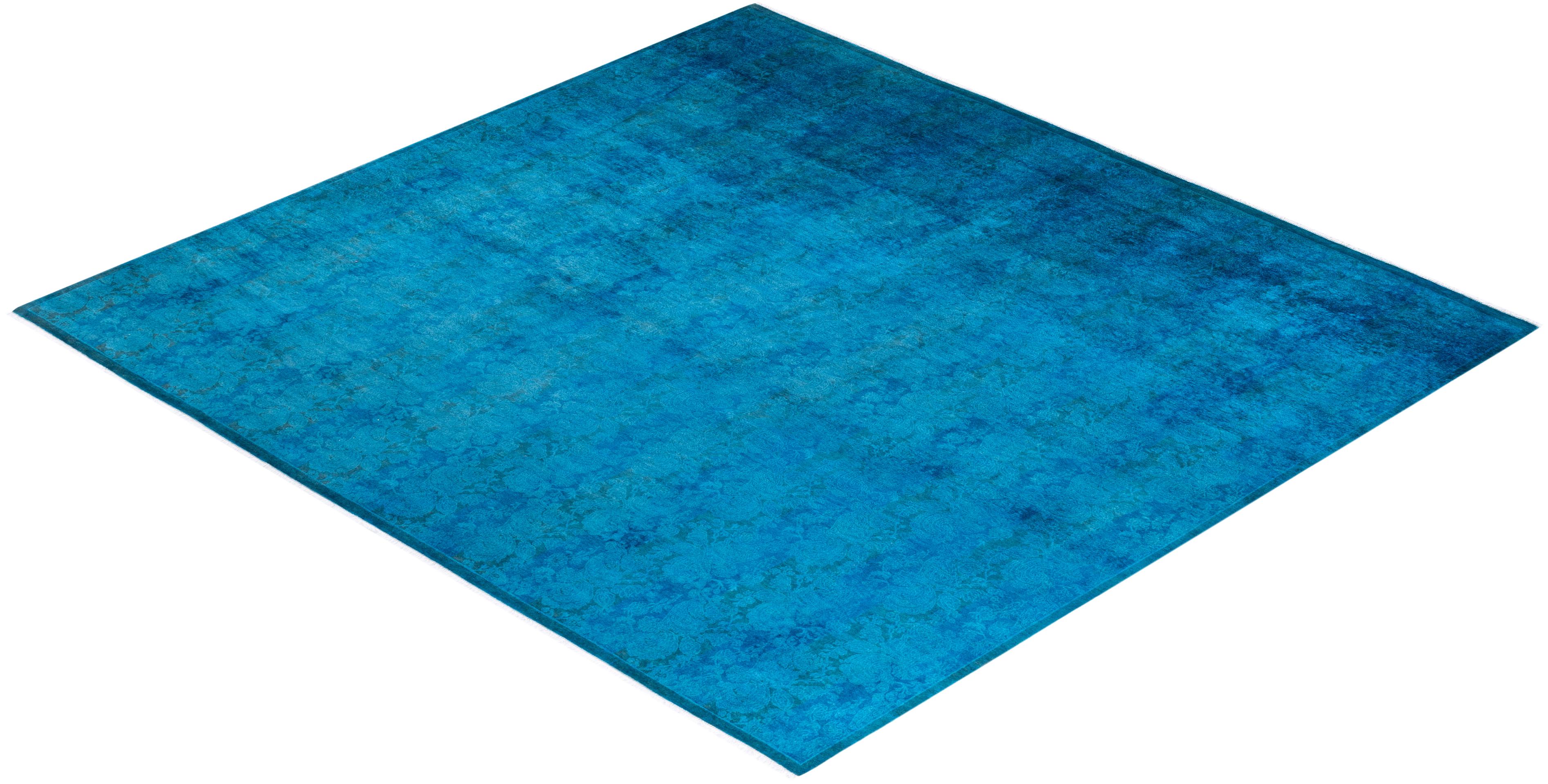 One of a Kind Hand Knotted Contemporary Overdyed Blue Square Area Rug For Sale 3