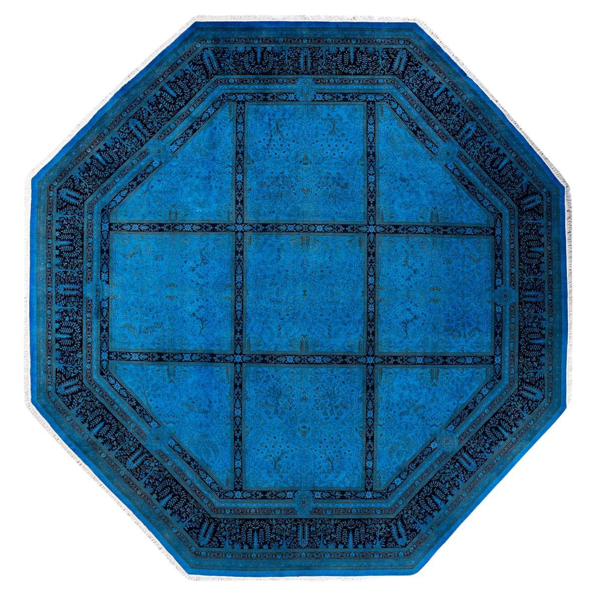 One of a Kind Hand Knotted Contemporary Overdyed Blue Square Area Rug For Sale