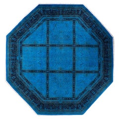 One of a Kind Hand Knotted Contemporary Overdyed Blue Square Area Rug
