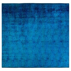 One of a Kind Hand Knotted Contemporary Overdyed Blue Square Area Rug