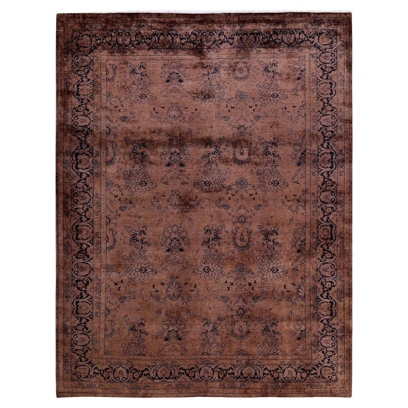 One of a Kind Hand Knotted Contemporary Overdyed Brown Area Rug For Sale