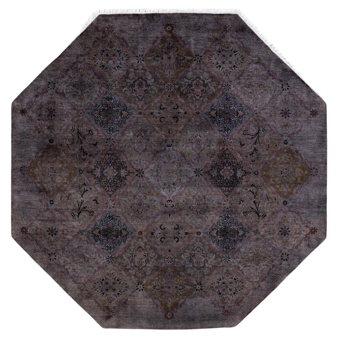 One of a Kind Hand Knotted Contemporary Overdyed Brown Octagon Area Rug