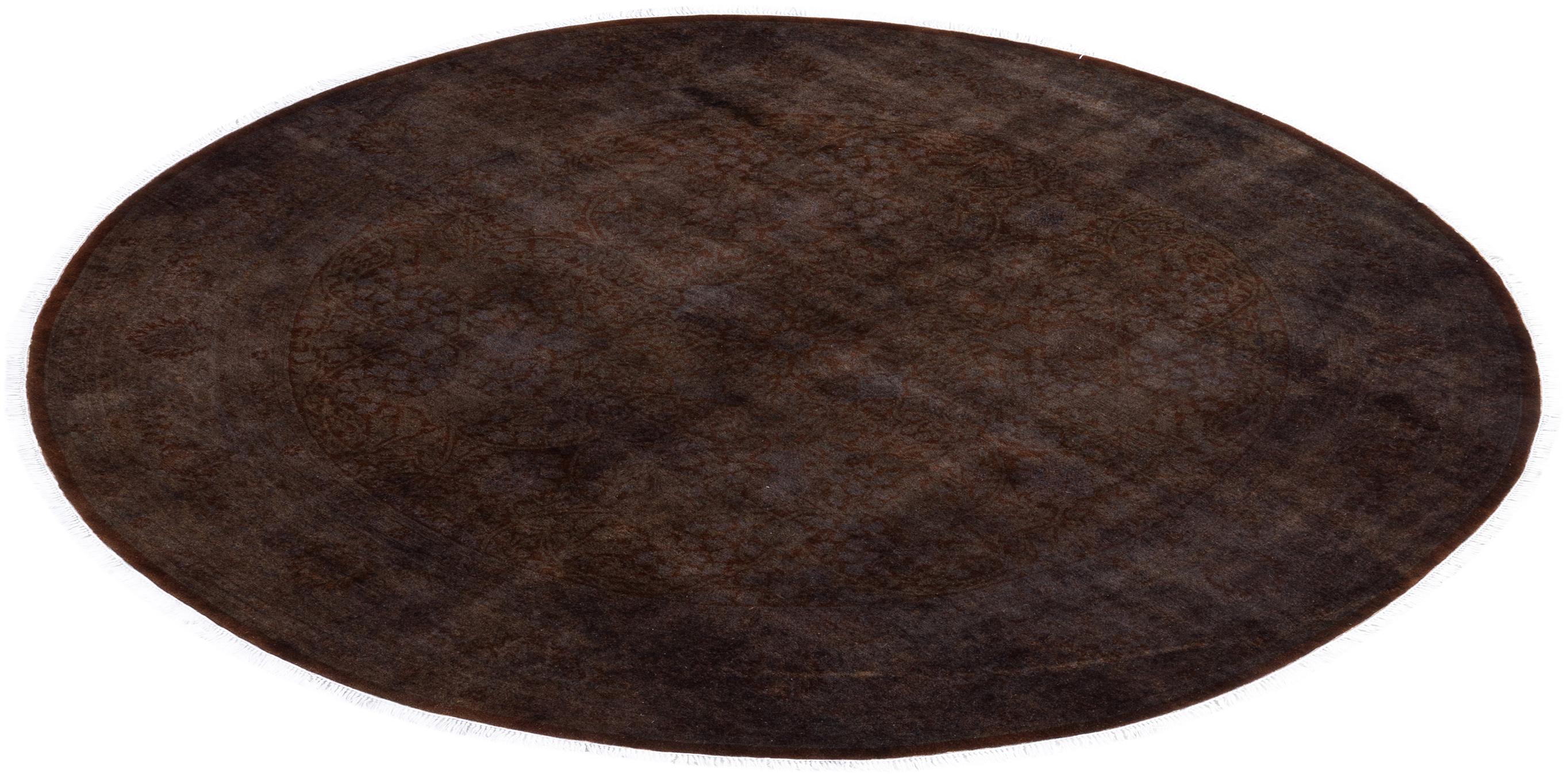 One of a Kind Hand Knotted Contemporary Overdyed Brown Round Area Rug For Sale 3