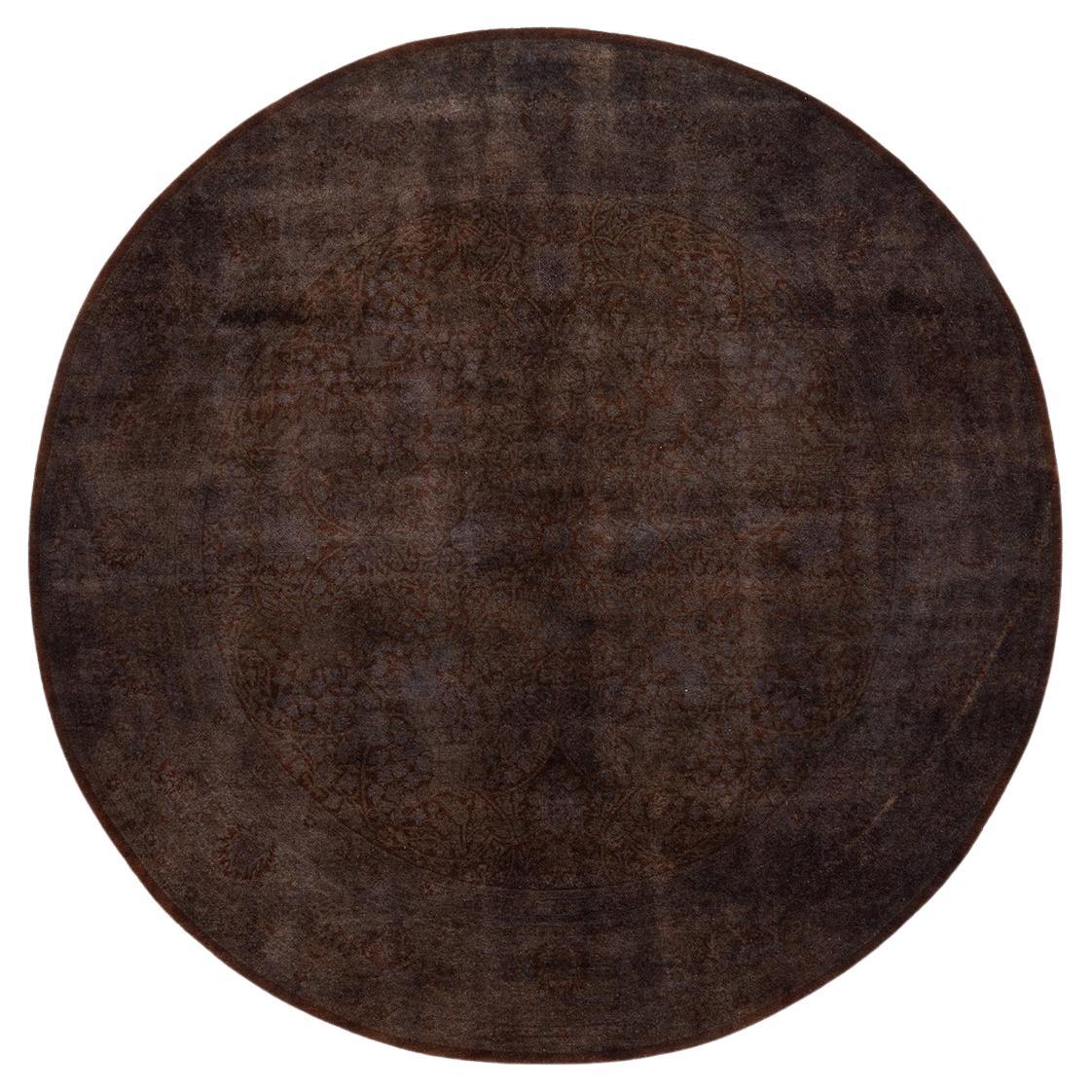 One of a Kind Hand Knotted Contemporary Overdyed Brown Round Area Rug For Sale
