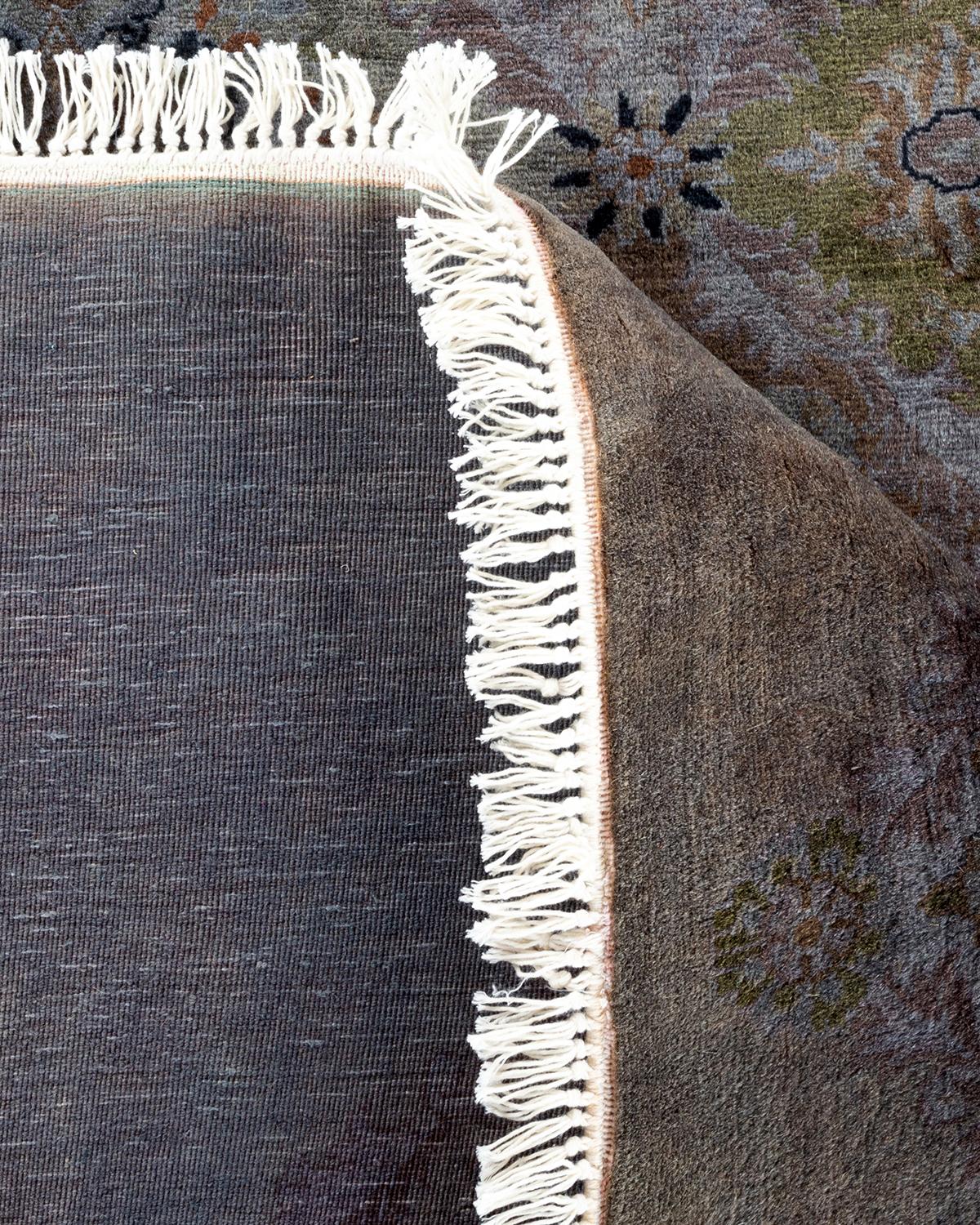 One of a Kind Hand Knotted Contemporary Overdyed Gray Octagon Area Rug For Sale 1