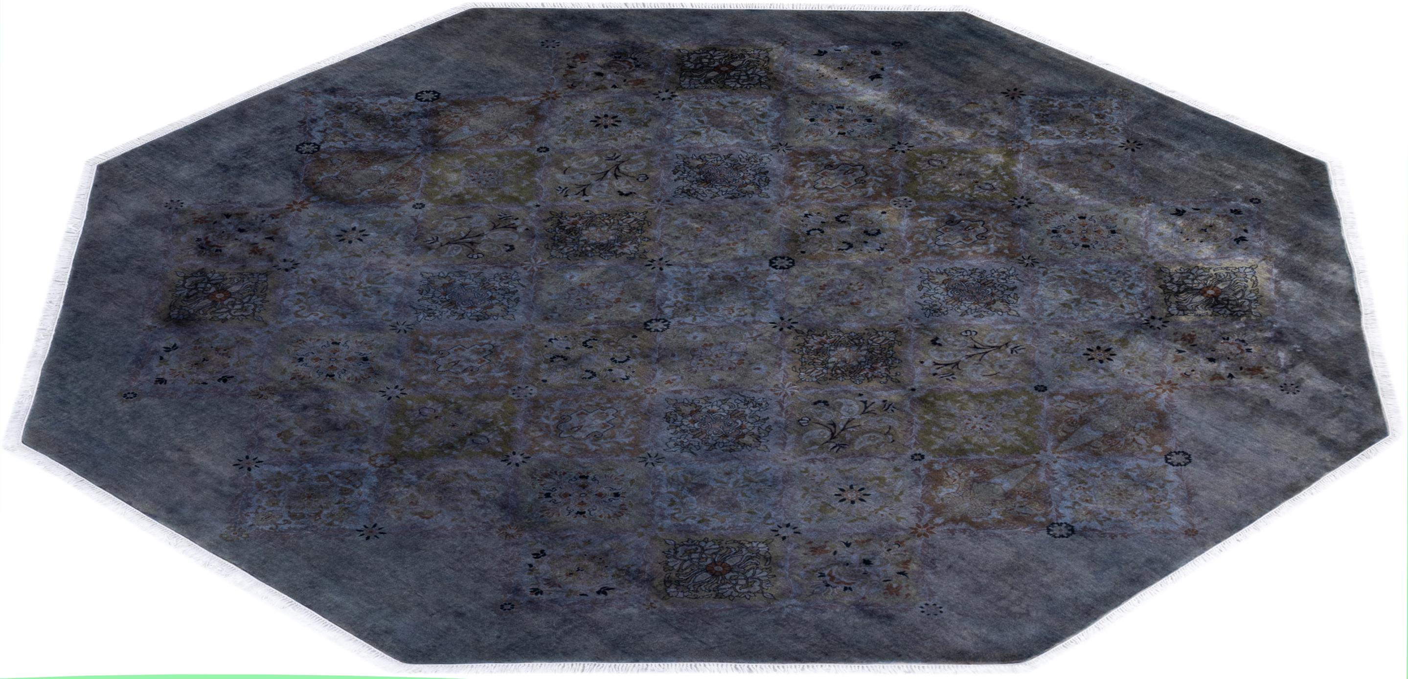 One of a Kind Hand Knotted Contemporary Overdyed Gray Octagon Area Rug For Sale 3