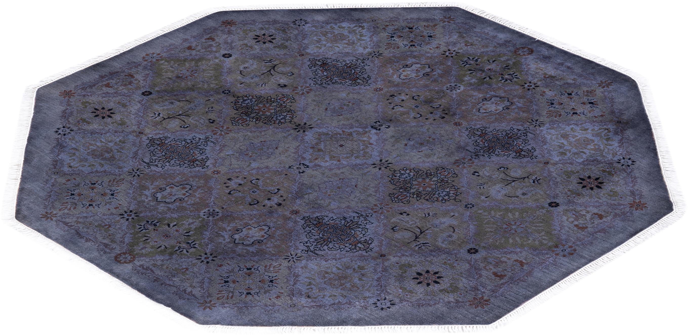 One of a Kind Hand Knotted Contemporary Overdyed Grey Octagon Area Rug For Sale 3