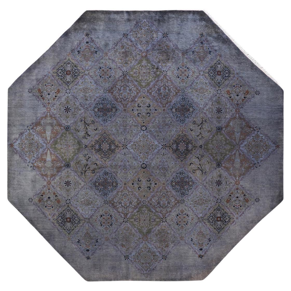 One of a Kind Hand Knotted Contemporary Overdyed Gray Octagon Area Rug For Sale