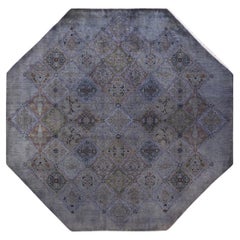 One of a Kind Hand Knotted Contemporary Overdyed Gray Octagon Area Rug