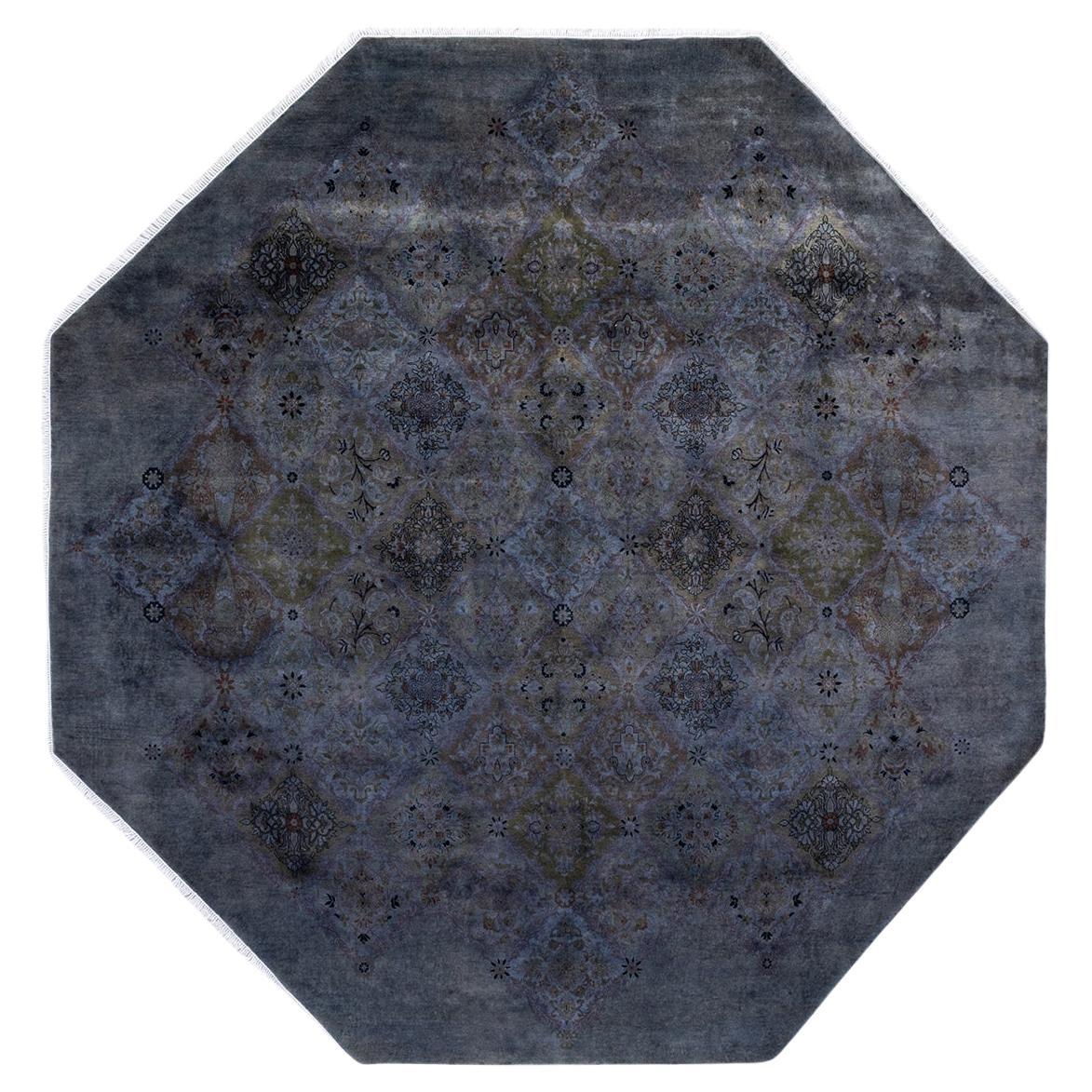 One of a Kind Hand Knotted Contemporary Overdyed Gray Octagon Area Rug For Sale