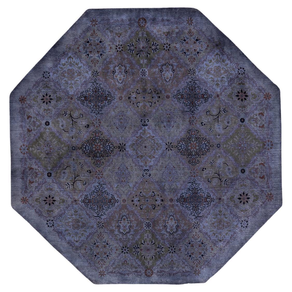 One of a Kind Hand Knotted Contemporary Overdyed Grey Octagon Area Rug For Sale