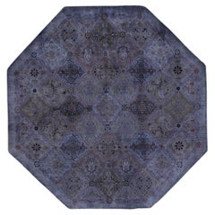 One of a Kind Hand Knotted Contemporary Overdyed Grey Octagon Area Rug