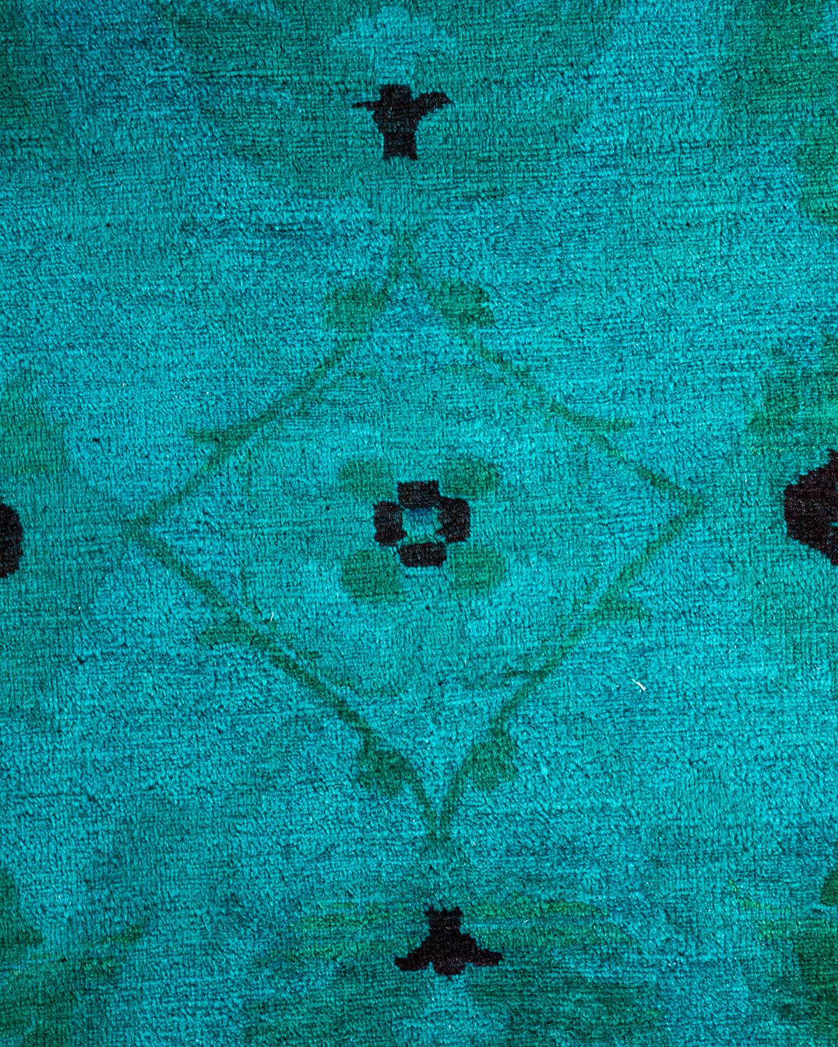Pakistani One of a Kind Hand Knotted Contemporary Overdyed Green Area Rug For Sale