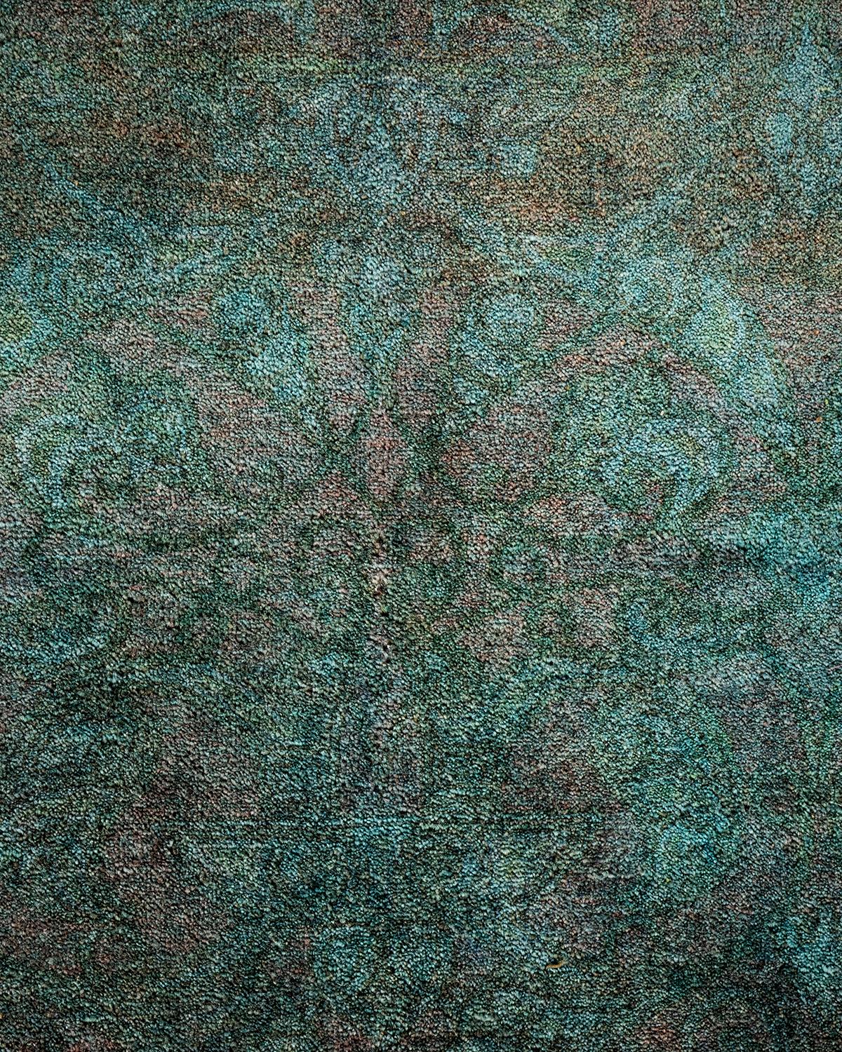 Pakistani One of a Kind Hand Knotted Contemporary Overdyed Green Area Rug For Sale