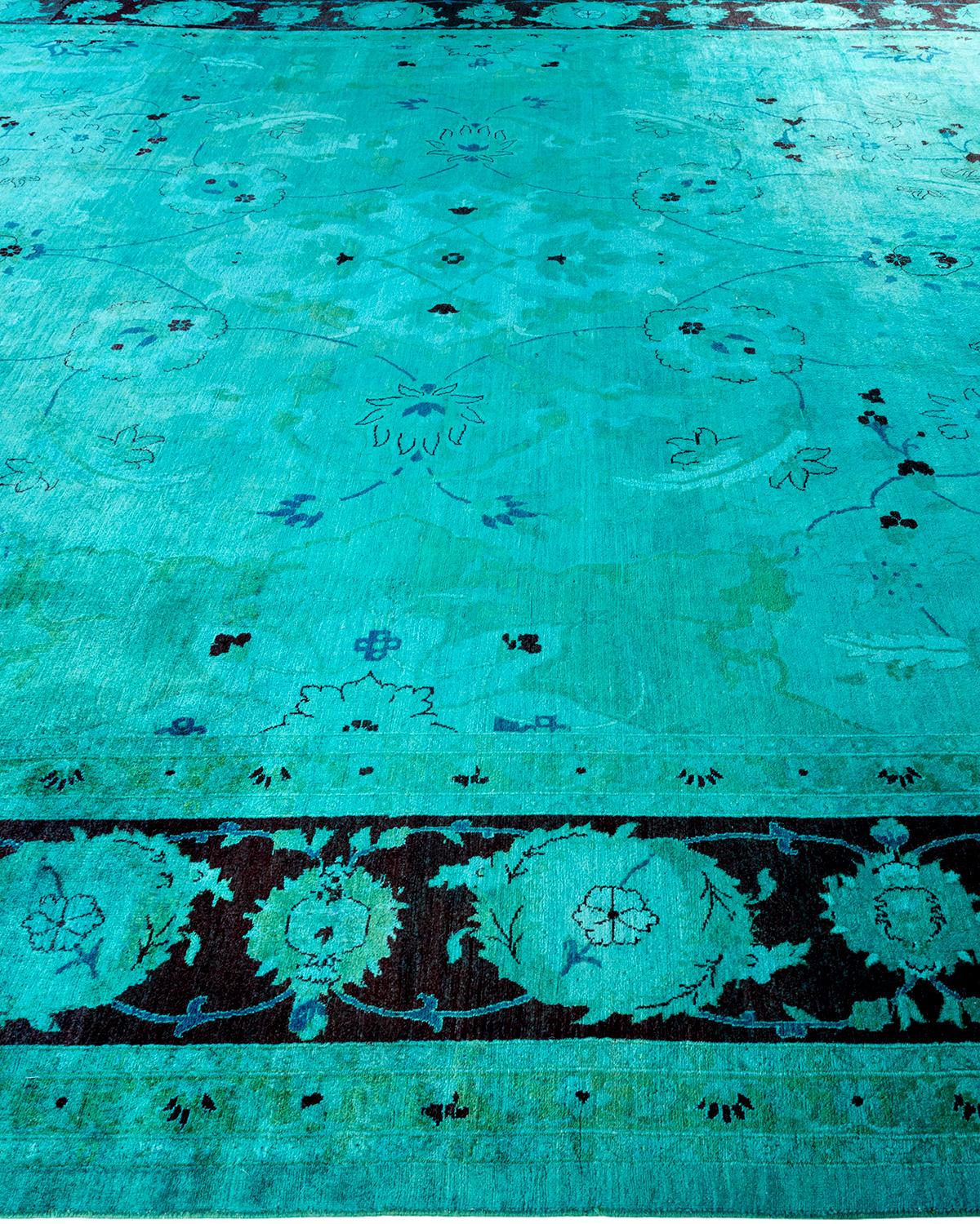 One of a Kind Hand Knotted Contemporary Overdyed Green Area Rug In New Condition For Sale In Norwalk, CT
