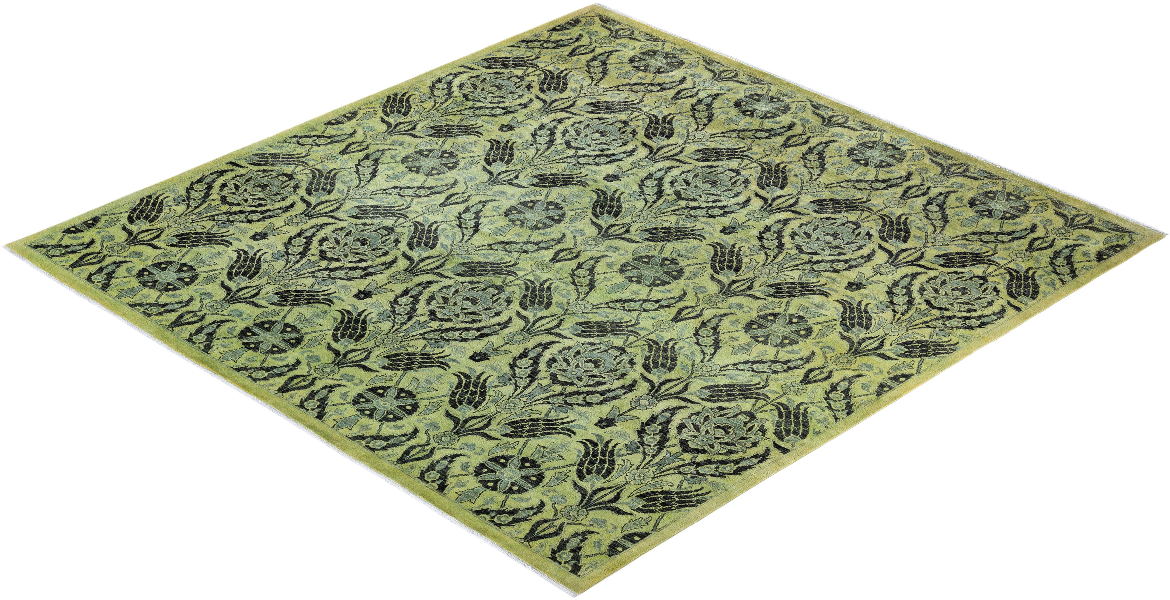 One of a Kind Hand Knotted Contemporary Overdyed Green Area Rug For Sale 3