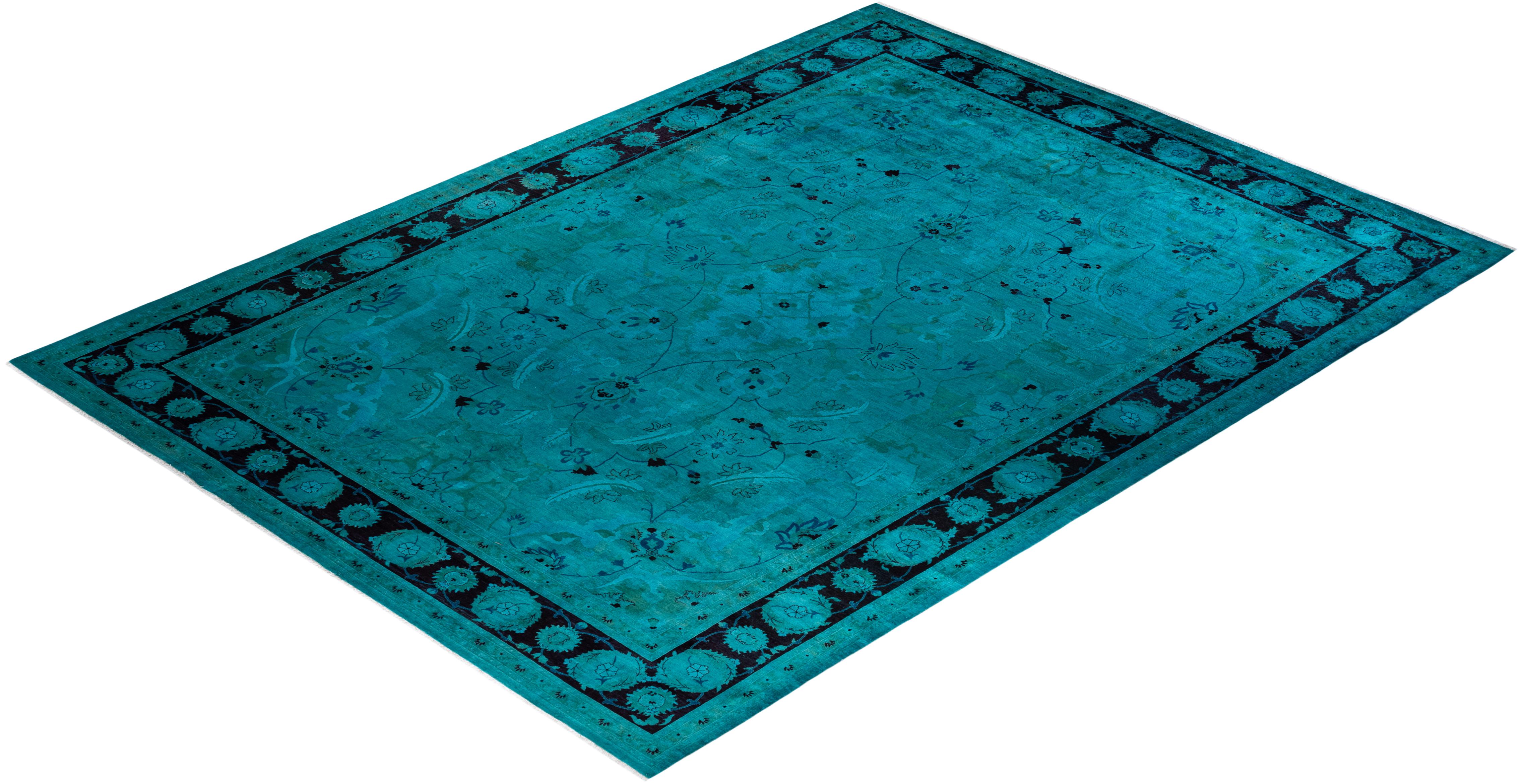 One of a Kind Hand Knotted Contemporary Overdyed Green Area Rug For Sale 3