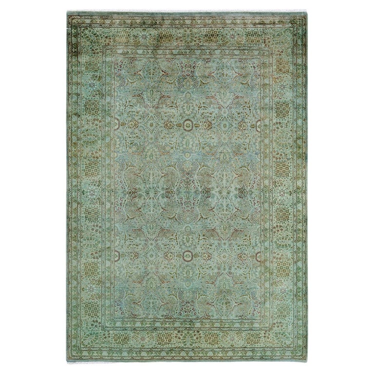One of a Kind Hand Knotted Contemporary Overdyed Green Area Rug For ...