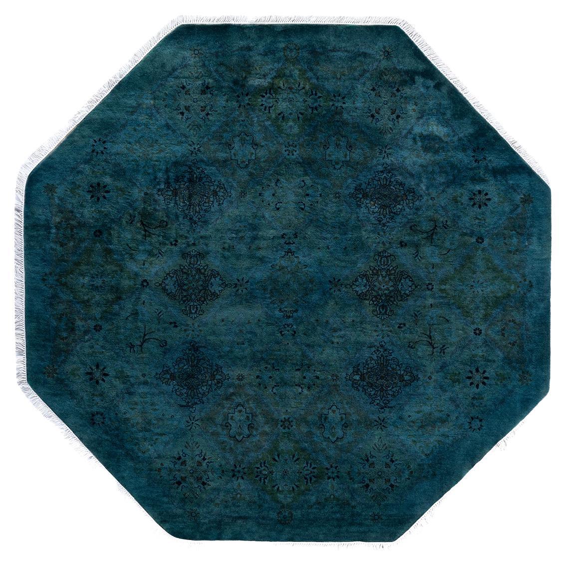 One of a Kind Hand Knotted Contemporary Overdyed Green Octagon Area Rug