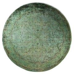 One of a Kind Hand Knotted Contemporary Overdyed Green Round Area Rug