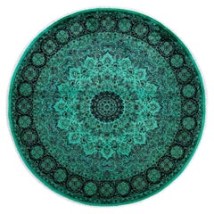 One of a Kind Hand Knotted Contemporary Overdyed Green Round Area Rug