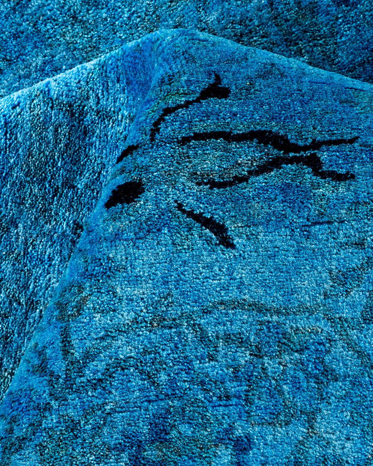 One of a Kind Hand Knotted Contemporary Overdyed Light Blue Area Rug 2