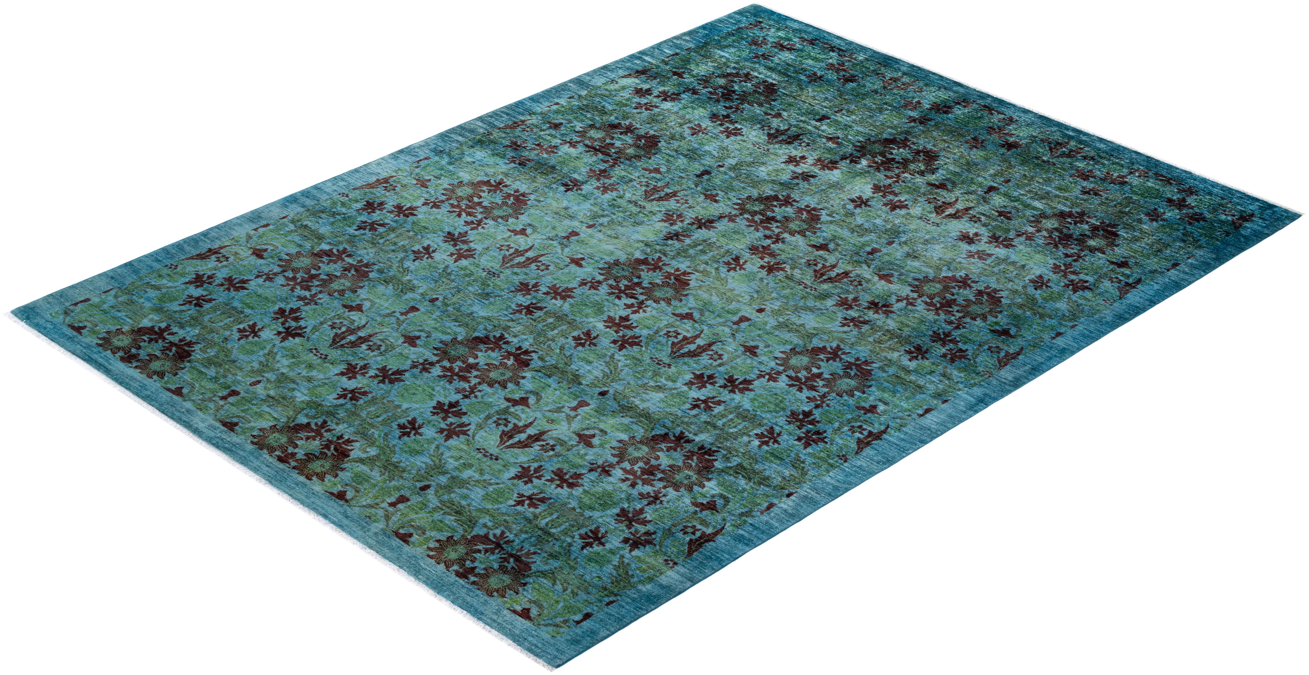 Alfombra única anudada a mano contemporánea teñida de azul claro en venta 2