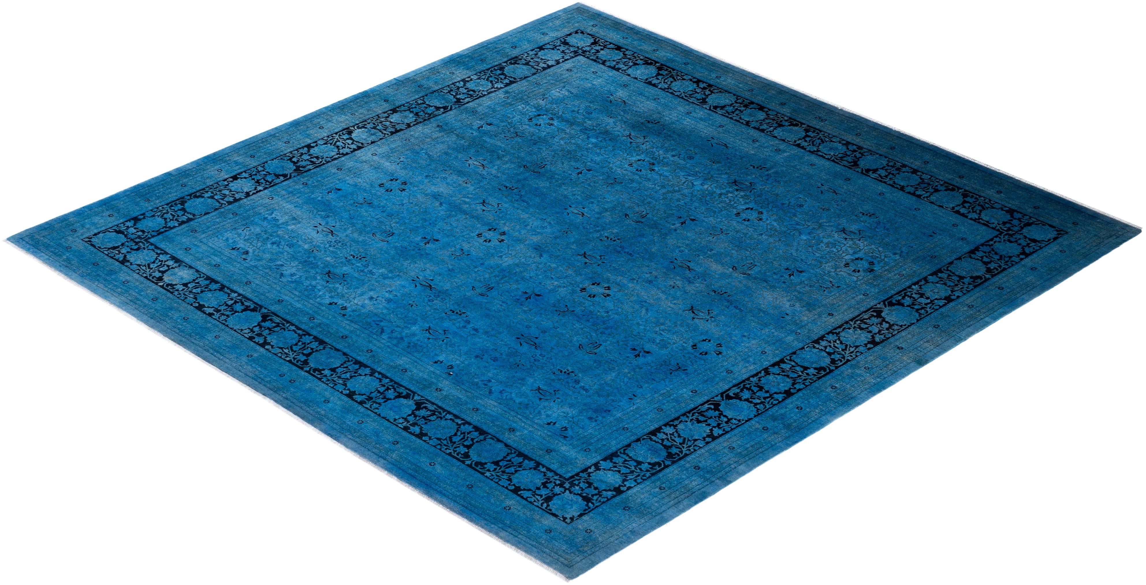 One of a Kind Hand Knotted Contemporary Overdyed Light Blue Area Rug 3