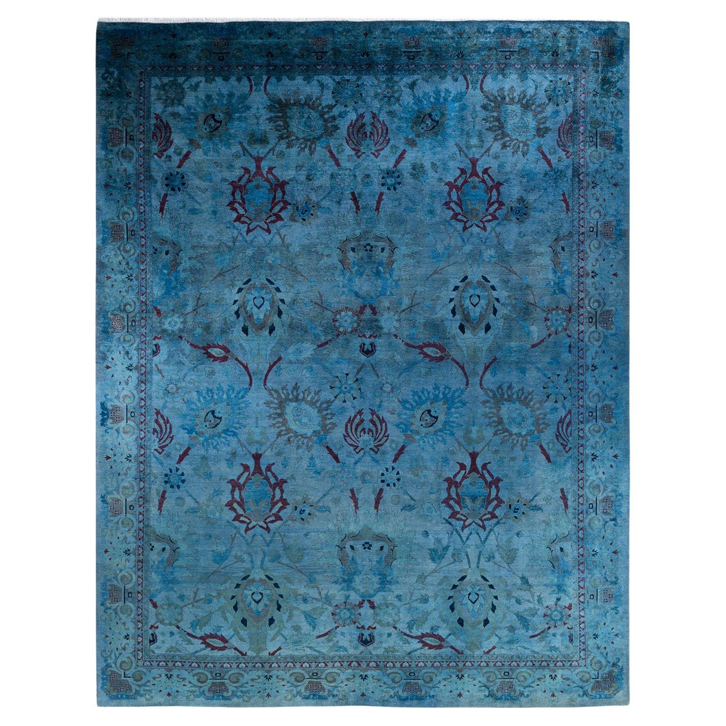 One of a Kind Hand Knotted Contemporary Overdyed Light Blue Area Rug