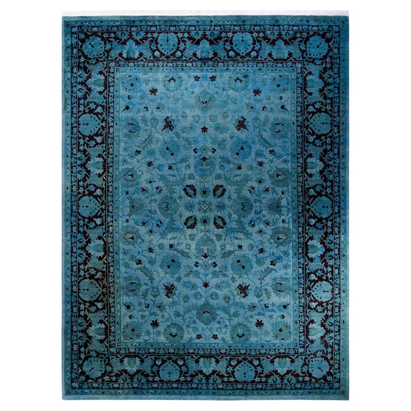 Alfombra única anudada a mano contemporánea teñida de azul claro