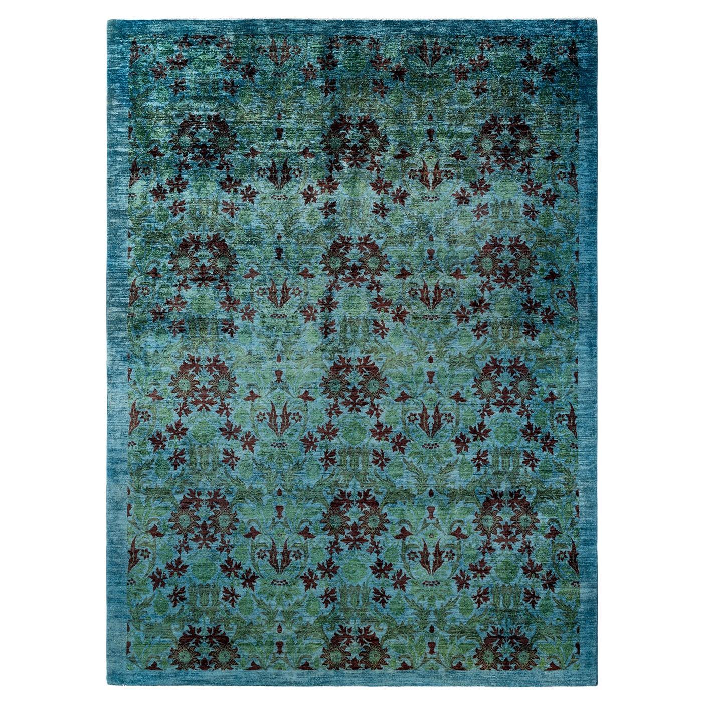 Alfombra única anudada a mano contemporánea teñida de azul claro en venta