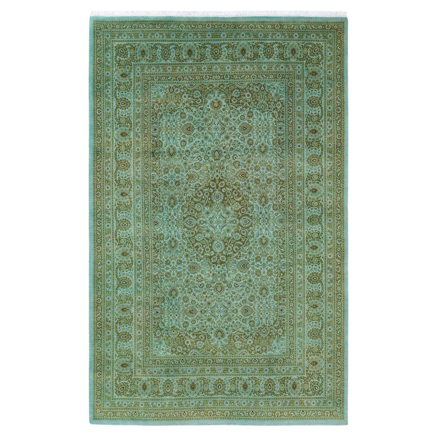 Alfombra única anudada a mano contemporánea teñida de azul claro
