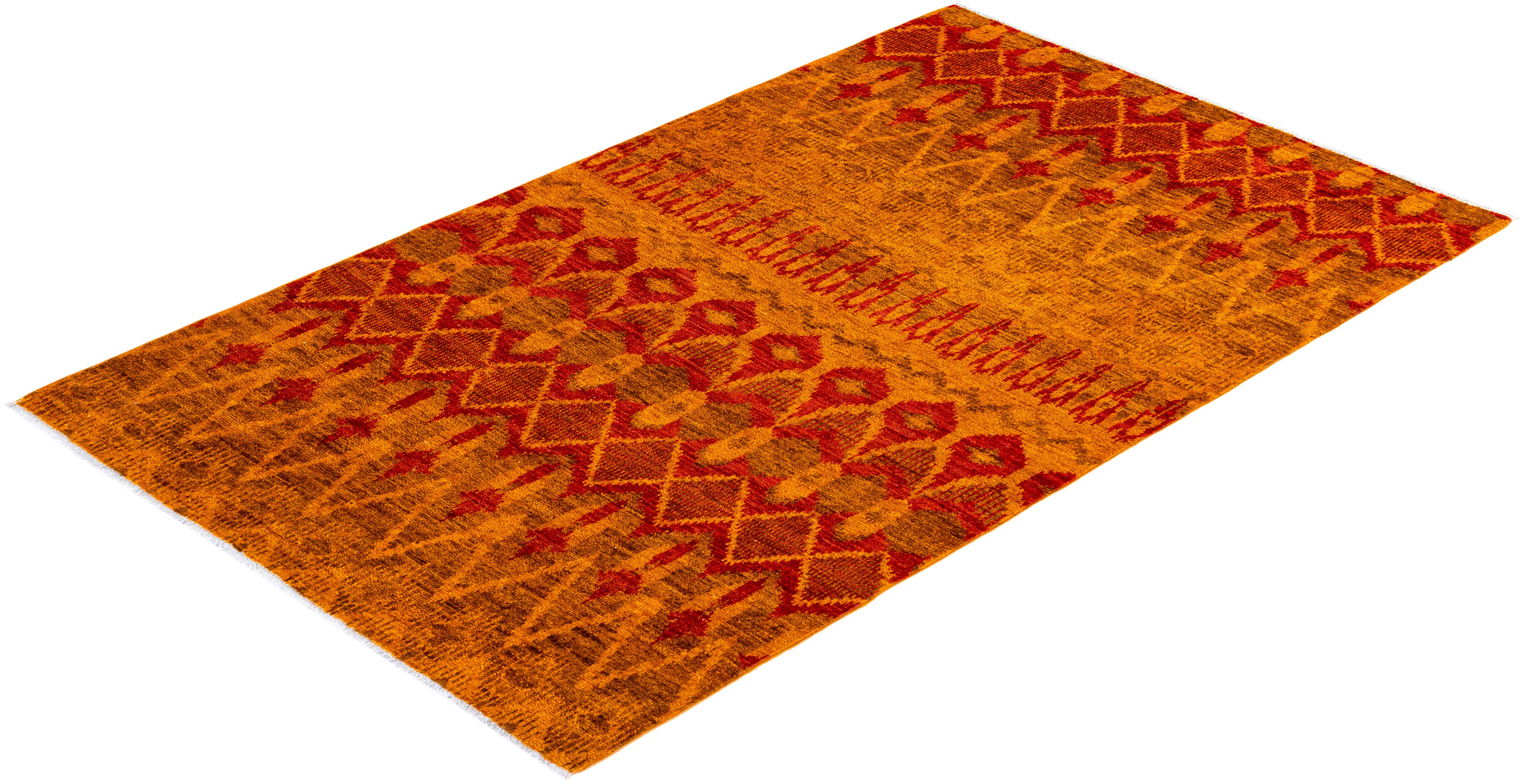 One of a Kind Hand Knotted Contemporary Overdyed Orange Area Rug For Sale 3