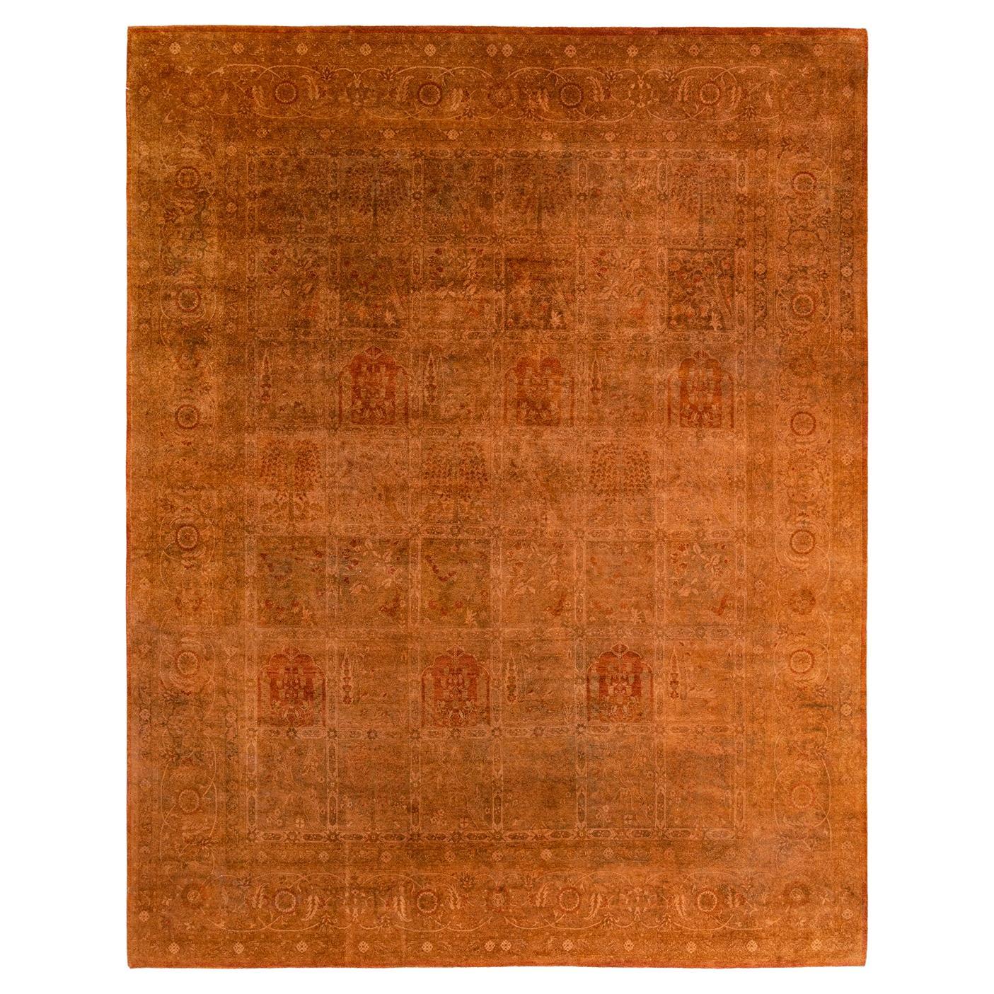 One of a Kind Hand Knotted Contemporary Overdyed Orange Area Rug