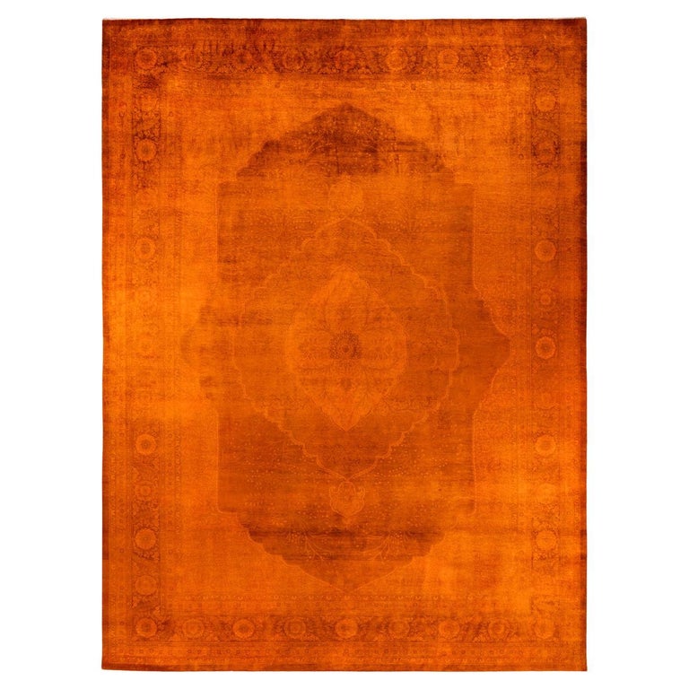 One of a Kind Hand Knotted Contemporary Overdyed Orange Area Rug For ...