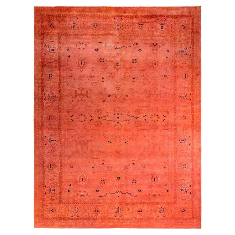One of a Kind Hand Knotted Contemporary Overdyed Orange Area Rug For ...