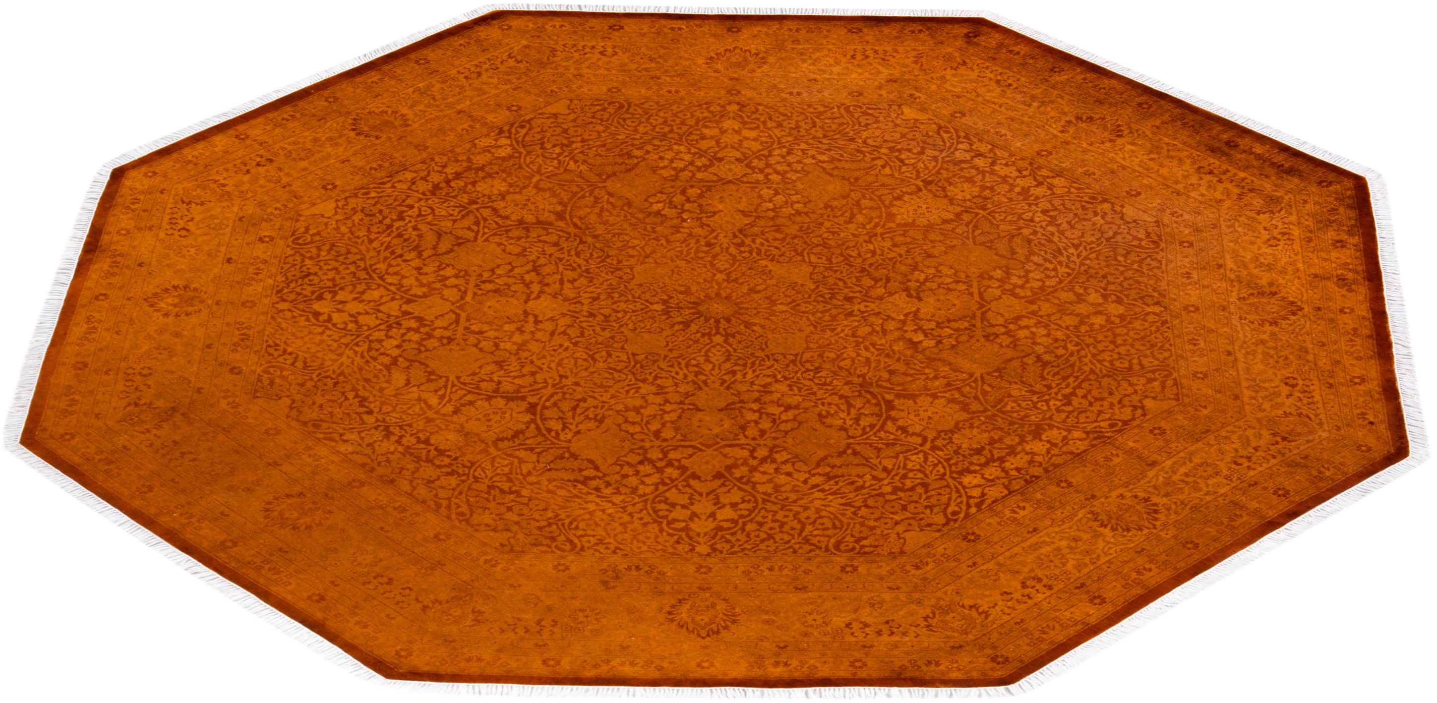 Hand Knotted Contemporary Overdyed Orange Octagon Area Rug For Sale 2
