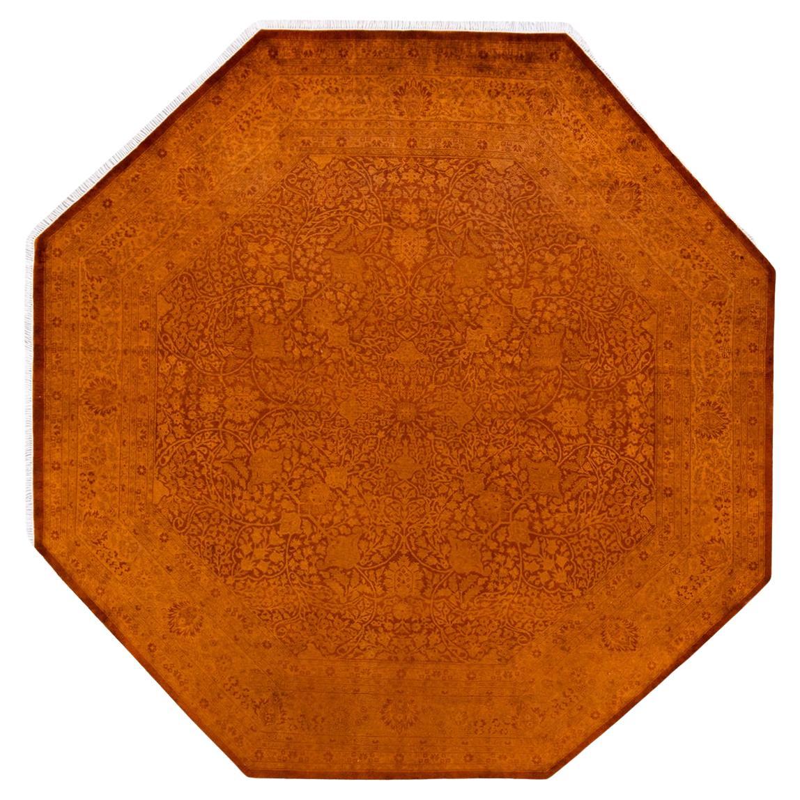 Hand Knotted Contemporary Overdyed Orange Octagon Area Rug For Sale