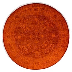 One of a Kind Hand Knotted Contemporary Overdyed Orange Round Area Rug