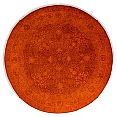One of a Kind Hand Knotted Contemporary Overdyed Orange Round Area Rug