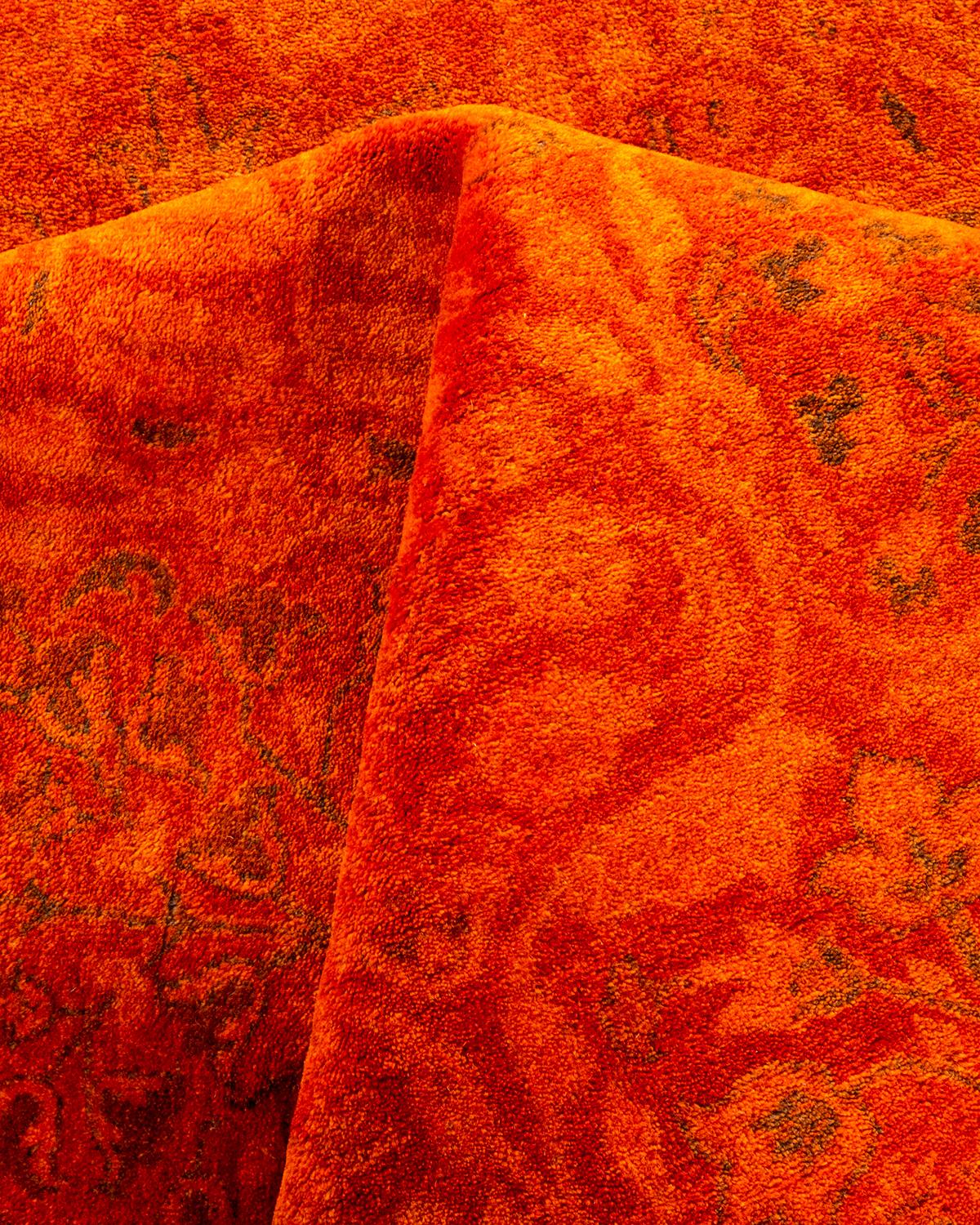 One of a Kind Hand Knotted Contemporary Overdyed Orange Square Area Rug 2