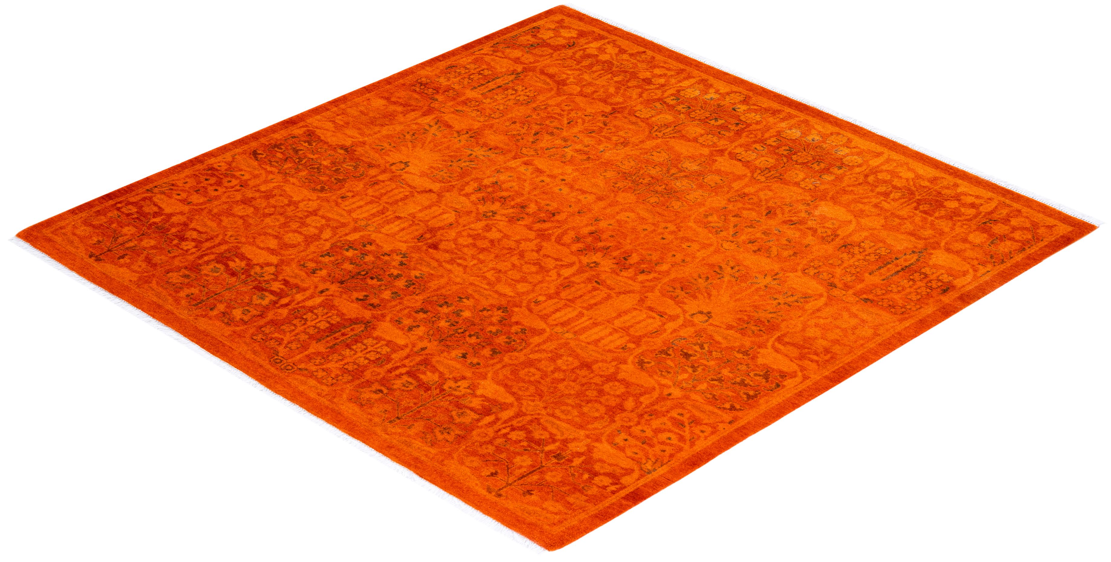 One of a Kind Hand Knotted Contemporary Overdyed Orange Square Area Rug 3