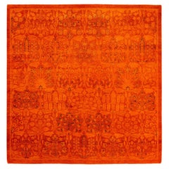 One of a Kind Hand Knotted Contemporary Overdyed Orange Square Area Rug