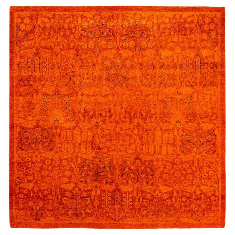 Patterned Rug Orange One of a Kind Hand Knotted Contemporary Overdyed Orange Square Area Rug ...