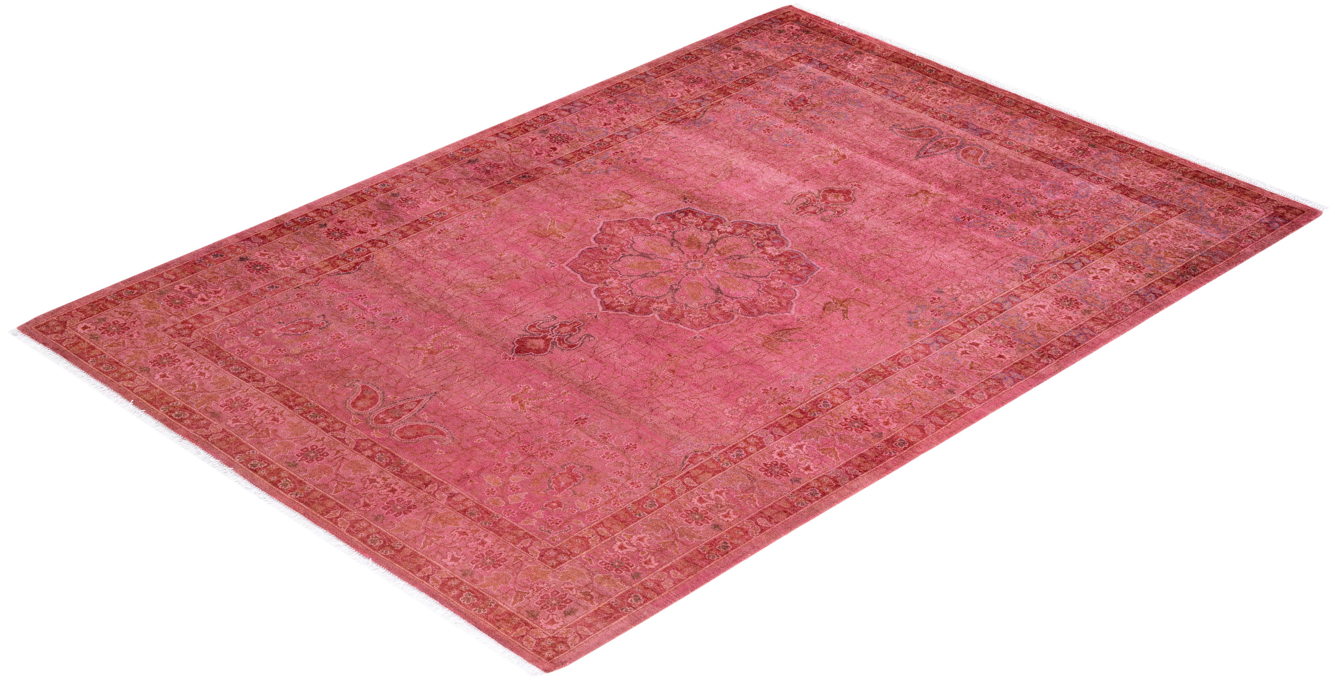 One of a Kind Hand Knotted Contemporary Overdyed Pink Area Rug For Sale 3