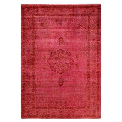Tappeto contemporaneo sovratinto rosa unico nel suo genere, annodato a mano